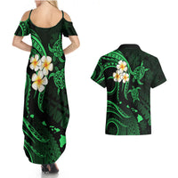 Hawaii Couples Summer Maxi Dress and Hawaiian Shirt Niihau Islands Polynesian Sunset Plumeria Green Vibe LT9 - Polynesian Pride