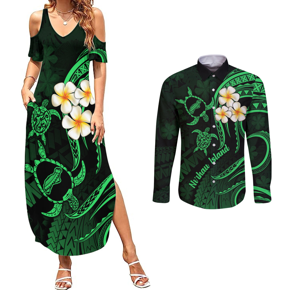 Hawaii Couples Summer Maxi Dress and Long Sleeve Button Shirts Niihau Islands Polynesian Sunset Plumeria Green Vibe LT9 Green - Polynesian Pride