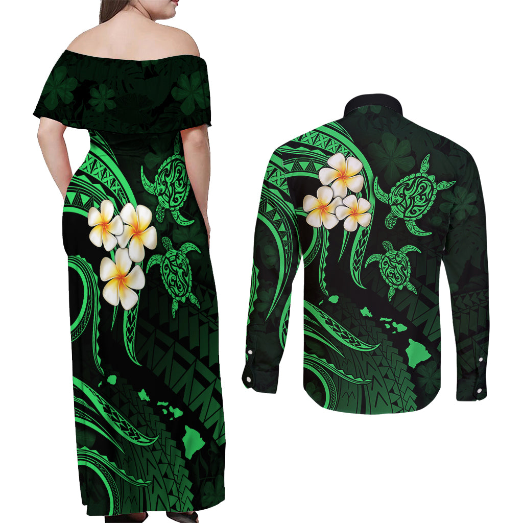 Hawaii Couples Off Shoulder Maxi Dress and Long Sleeve Button Shirts Niihau Islands Polynesian Sunset Plumeria Green Vibe LT9 - Polynesian Pride