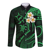 Hawaii Long Sleeve Button Shirt Niihau Islands Polynesian Sunset Plumeria Green Vibe LT9 Unisex Green - Polynesian Pride