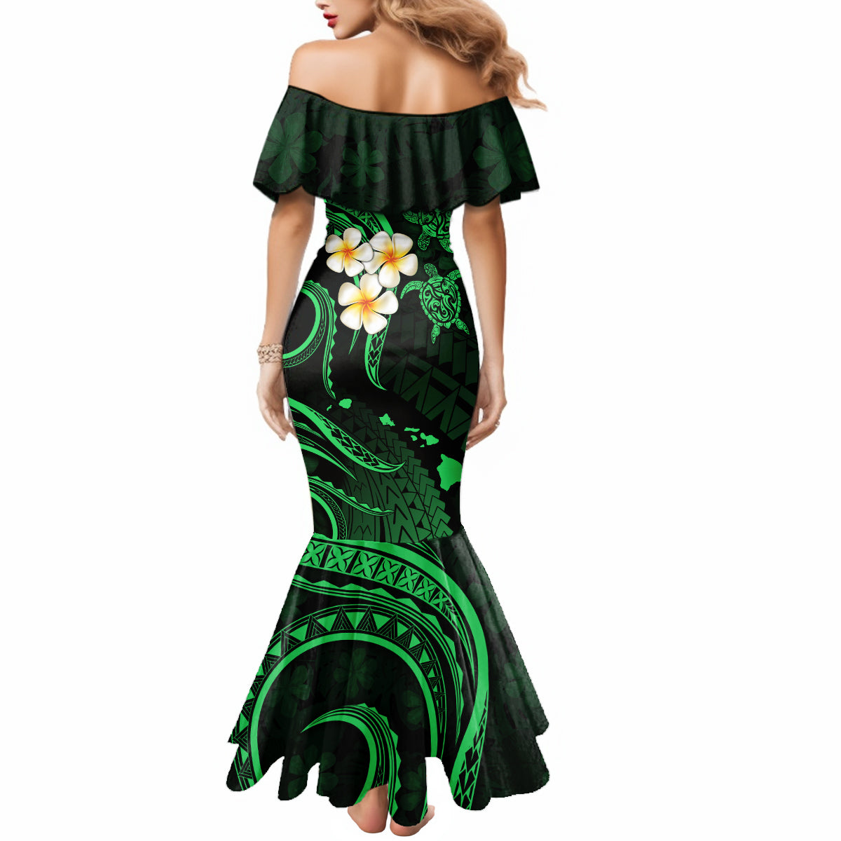 Hawaii Mermaid Dress Niihau Islands Polynesian Sunset Plumeria Green Vibe LT9 - Polynesian Pride