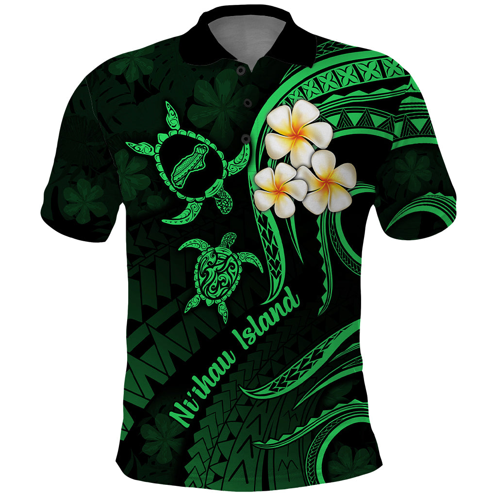 Hawaii Polo Shirt Niihau Islands Polynesian Sunset Plumeria Green Vibe LT9 Green - Polynesian Pride