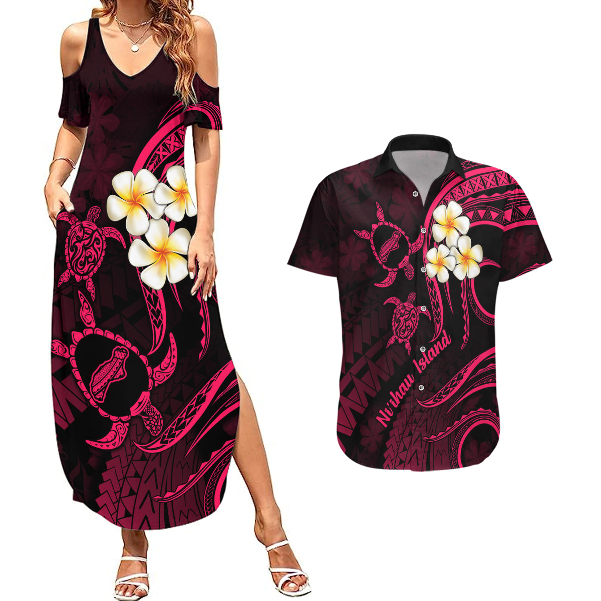 Hawaii Couples Summer Maxi Dress and Hawaiian Shirt Niihau Islands Polynesian Sunset Plumeria Pink Vibe LT9 Pink - Polynesian Pride