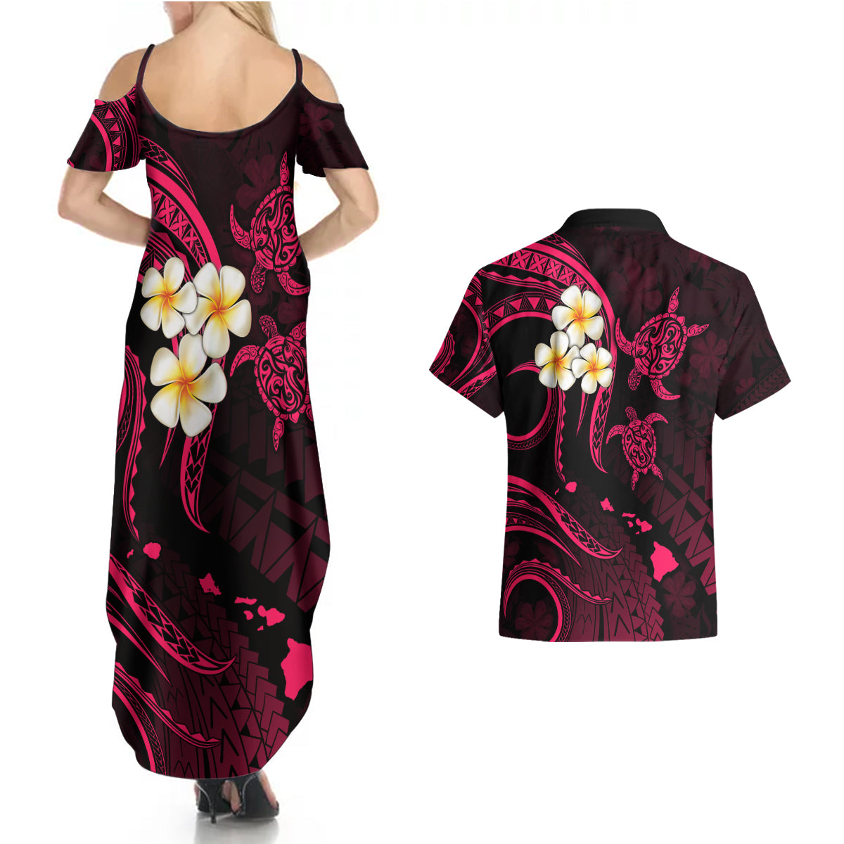 Hawaii Couples Summer Maxi Dress and Hawaiian Shirt Niihau Islands Polynesian Sunset Plumeria Pink Vibe LT9 - Polynesian Pride