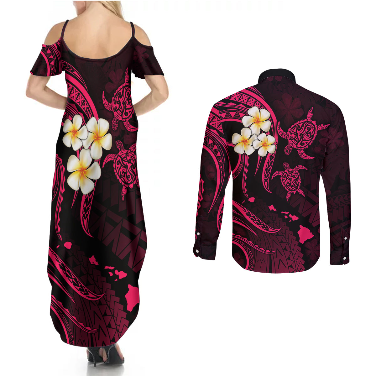 Hawaii Couples Summer Maxi Dress and Long Sleeve Button Shirts Niihau Islands Polynesian Sunset Plumeria Pink Vibe LT9 - Polynesian Pride