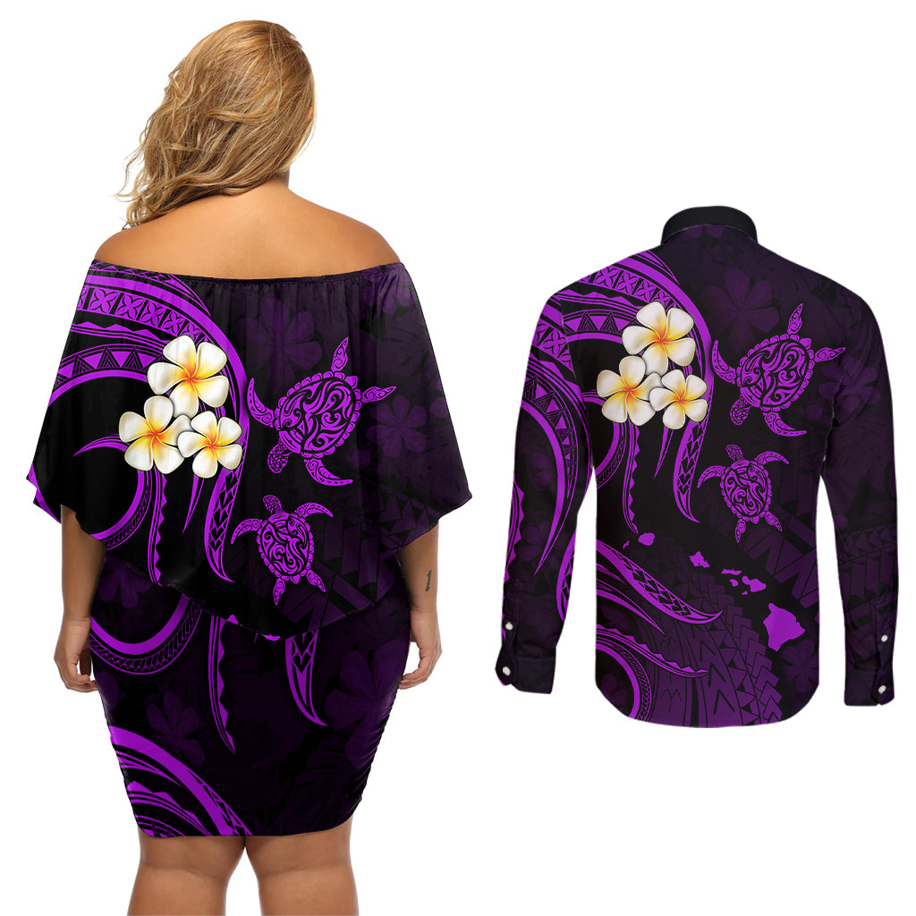 Polynesian Hawaii Couples Off Shoulder Short Dress and Long Sleeve Button Shirts Niihau Islands with Pacific Plumeria Purple Vibe LT9 - Polynesian Pride