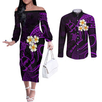 Polynesian Hawaii Couples Off The Shoulder Long Sleeve Dress and Long Sleeve Button Shirts Niihau Islands with Pacific Plumeria Purple Vibe LT9 Purple - Polynesian Pride