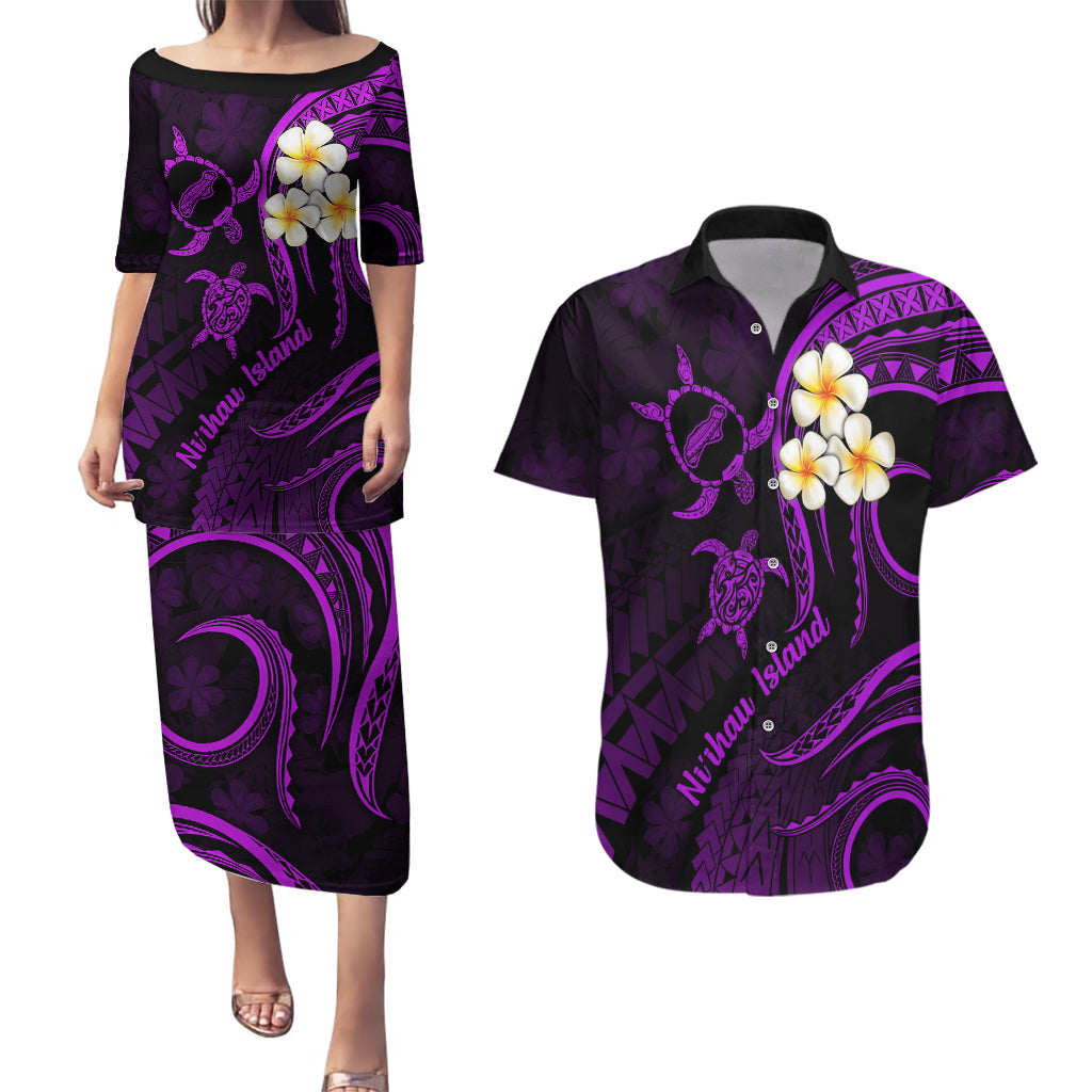 Polynesian Hawaii Couples Puletasi Dress and Hawaiian Shirt Niihau Islands with Pacific Plumeria Purple Vibe LT9 Purple - Polynesian Pride