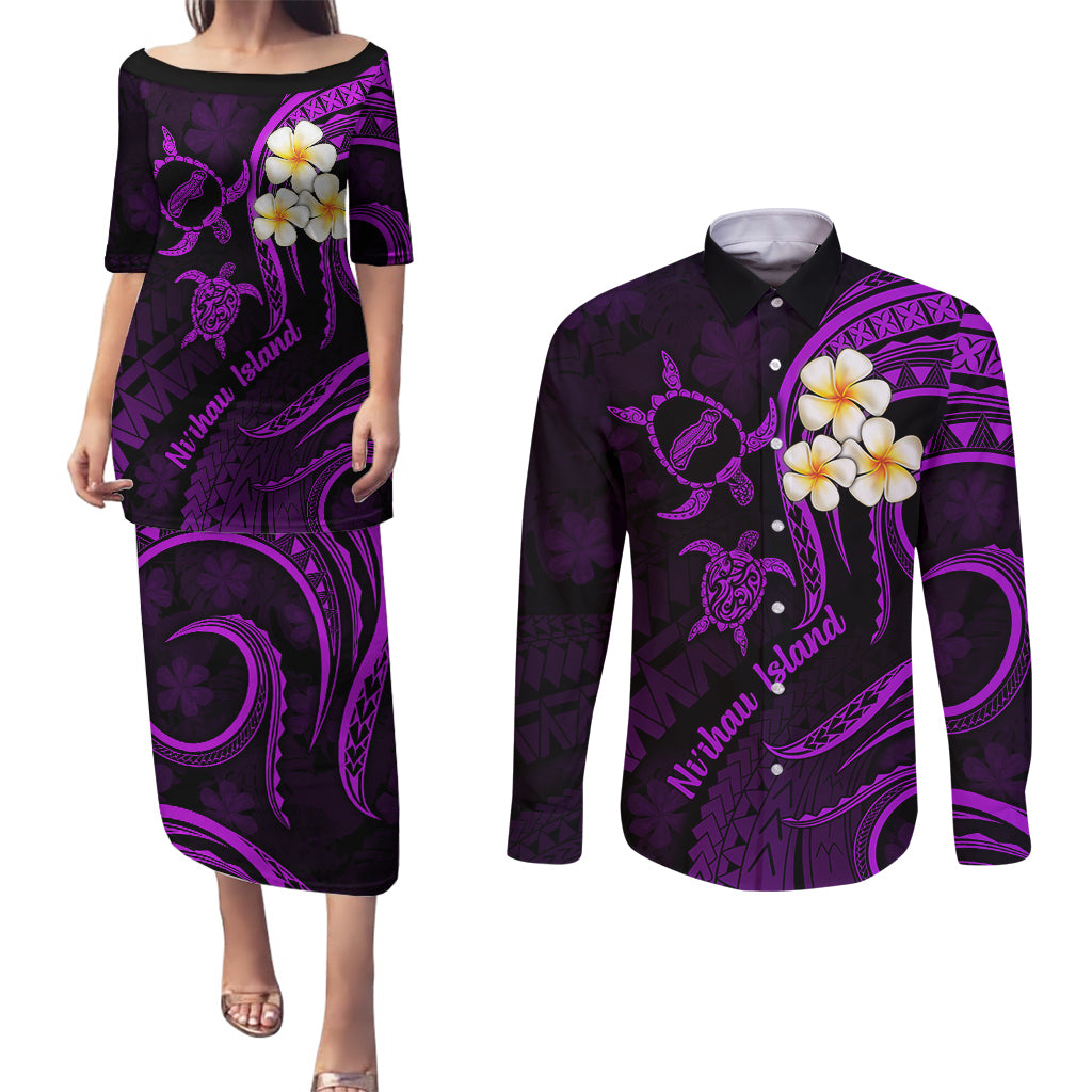 Polynesian Hawaii Couples Puletasi Dress and Long Sleeve Button Shirts Niihau Islands with Pacific Plumeria Purple Vibe LT9 Purple - Polynesian Pride