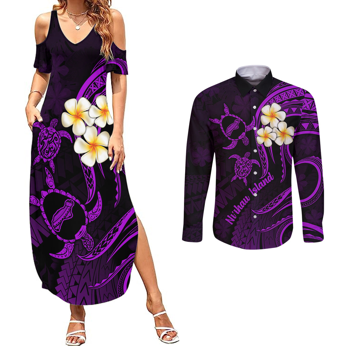 Polynesian Hawaii Couples Summer Maxi Dress and Long Sleeve Button Shirts Niihau Islands with Pacific Plumeria Purple Vibe LT9 Purple - Polynesian Pride