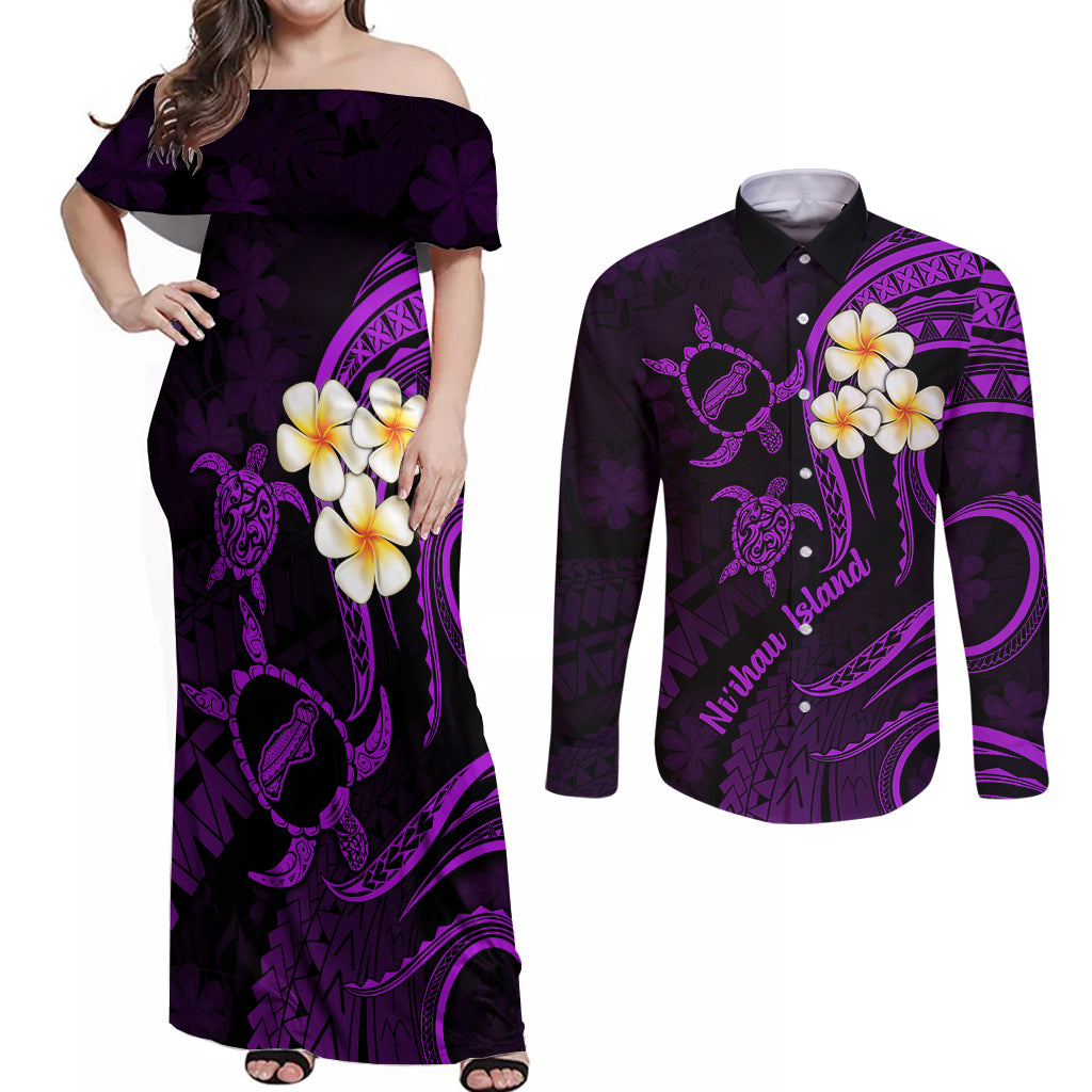 Polynesian Hawaii Couples Off Shoulder Maxi Dress and Long Sleeve Button Shirts Niihau Islands with Pacific Plumeria Purple Vibe LT9 Purple - Polynesian Pride