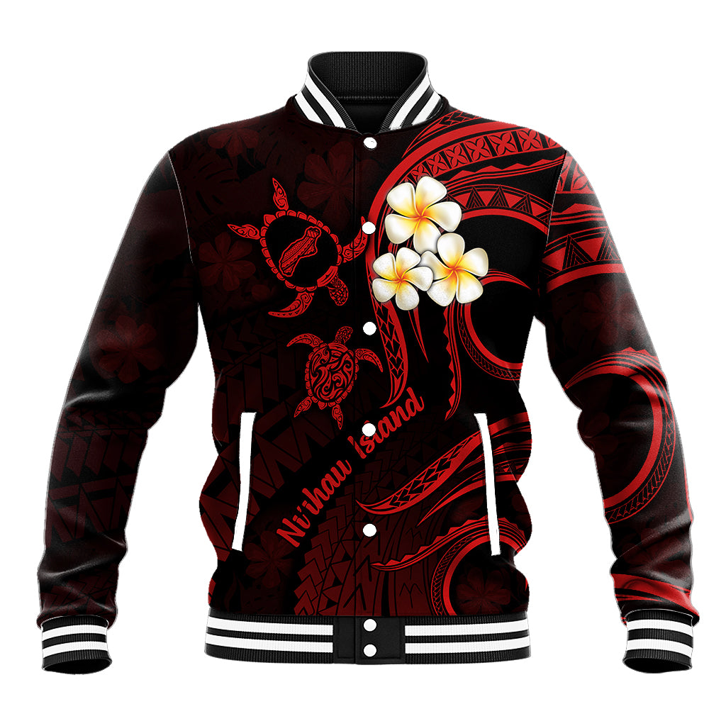 Polynesian Hawaii Baseball Jacket Niihau Islands with Pacific Plumeria Red Vibe LT9 Unisex Red - Polynesian Pride