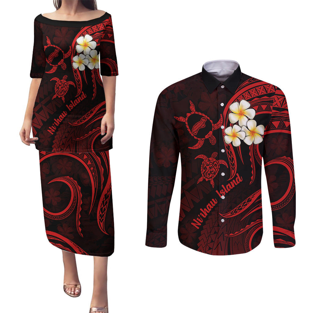 Polynesian Hawaii Couples Puletasi Dress and Long Sleeve Button Shirts Niihau Islands with Pacific Plumeria Red Vibe LT9 Red - Polynesian Pride