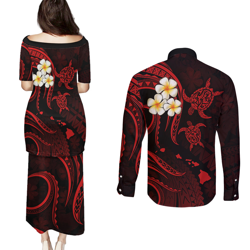 Polynesian Hawaii Couples Puletasi Dress and Long Sleeve Button Shirts Niihau Islands with Pacific Plumeria Red Vibe LT9 - Polynesian Pride