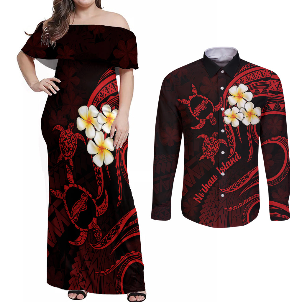 Polynesian Hawaii Couples Off Shoulder Maxi Dress and Long Sleeve Button Shirts Niihau Islands with Pacific Plumeria Red Vibe LT9 Red - Polynesian Pride