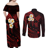 Polynesian Hawaii Couples Off Shoulder Maxi Dress and Long Sleeve Button Shirts Niihau Islands with Pacific Plumeria Red Vibe LT9 - Polynesian Pride