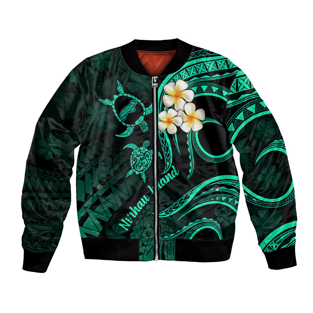Polynesian Hawaii Bomber Jacket Niihau Islands with Pacific Plumeria Turquoise Vibe LT9 Unisex Turquoise - Polynesian Pride