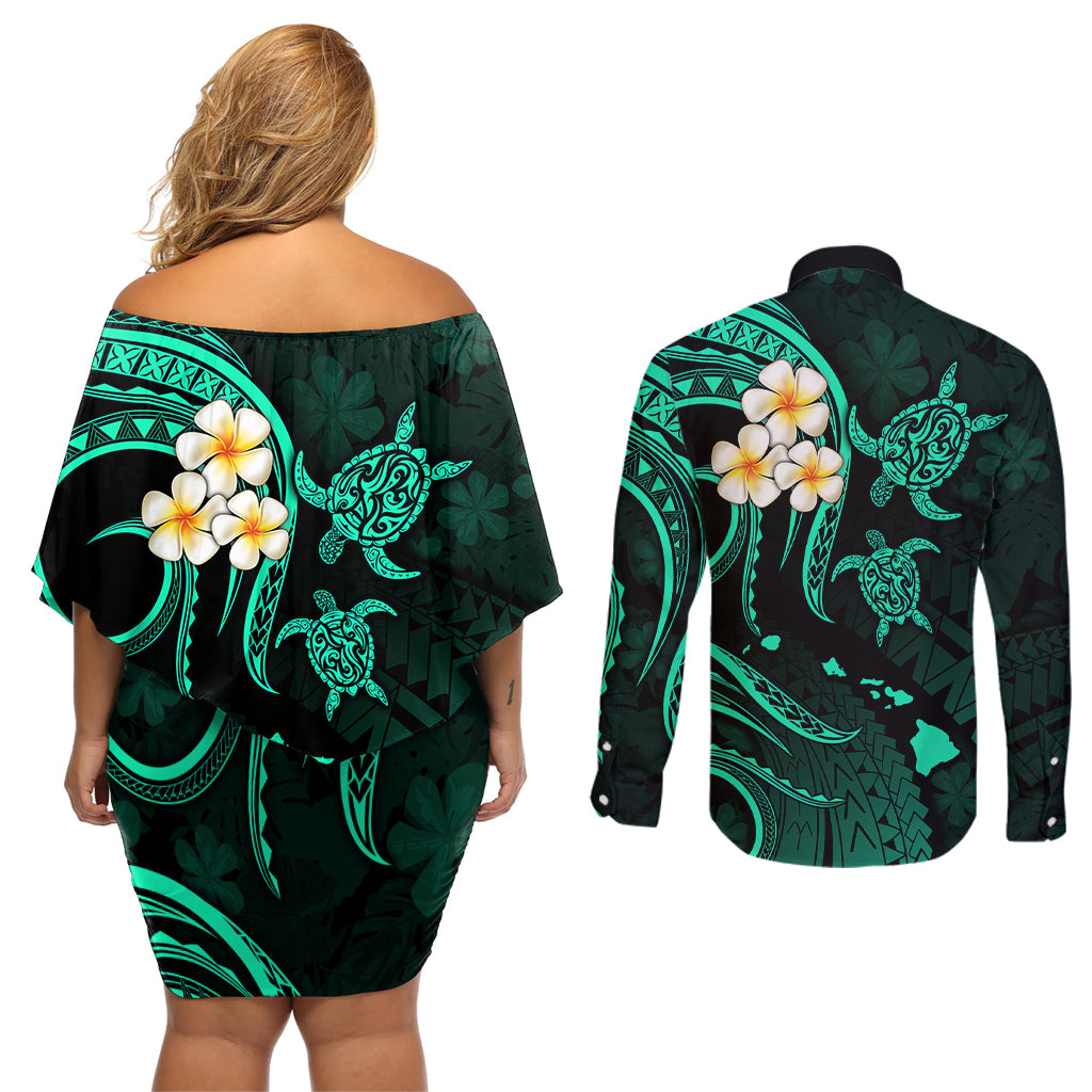 Polynesian Hawaii Couples Off Shoulder Short Dress and Long Sleeve Button Shirts Niihau Islands with Pacific Plumeria Turquoise Vibe LT9 - Polynesian Pride