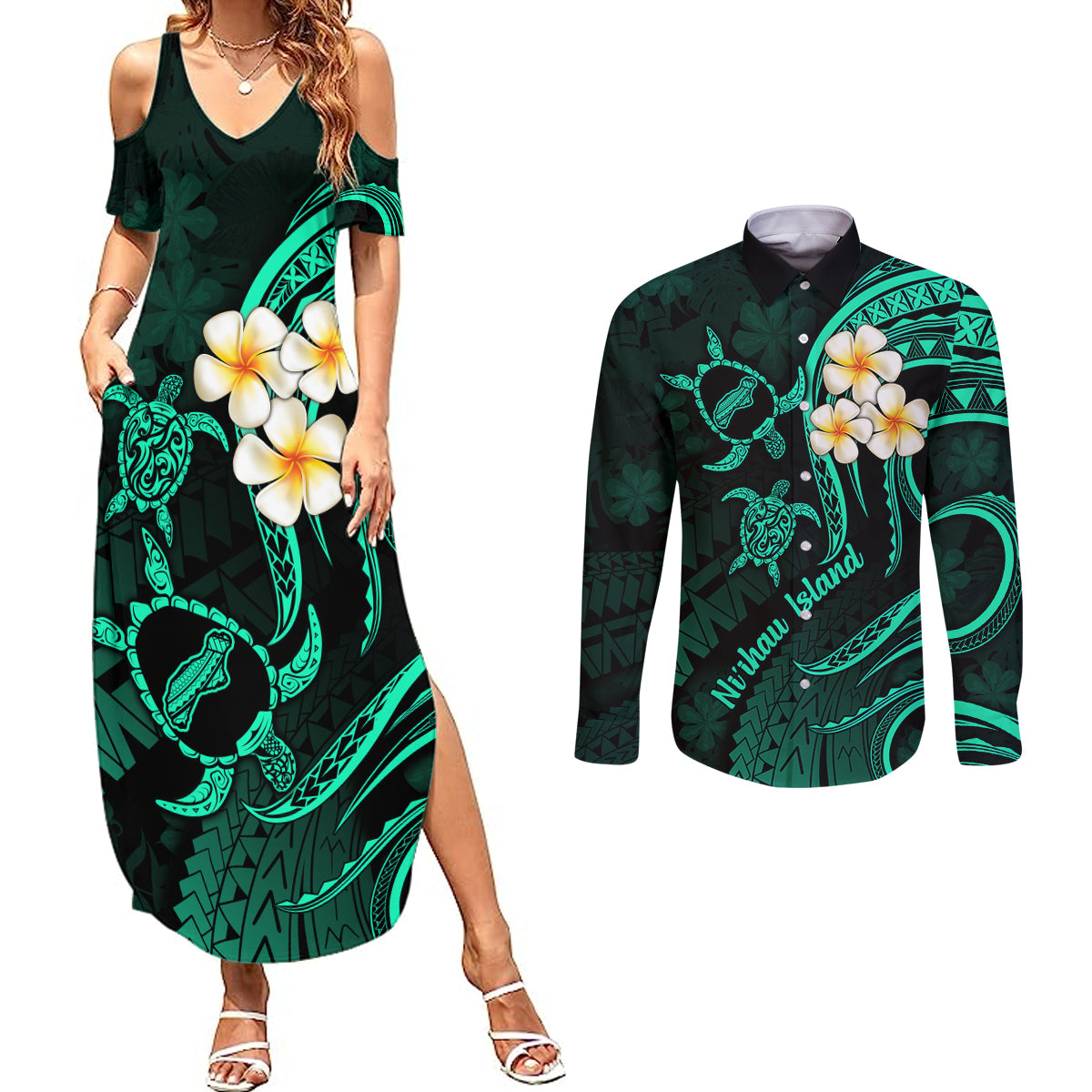 Polynesian Hawaii Couples Summer Maxi Dress and Long Sleeve Button Shirts Niihau Islands with Pacific Plumeria Turquoise Vibe LT9 Turquoise - Polynesian Pride