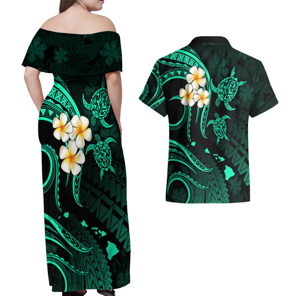 Polynesian Hawaii Couples Off Shoulder Maxi Dress and Long Sleeve Button Shirts Niihau Islands with Pacific Plumeria Turquoise Vibe LT9