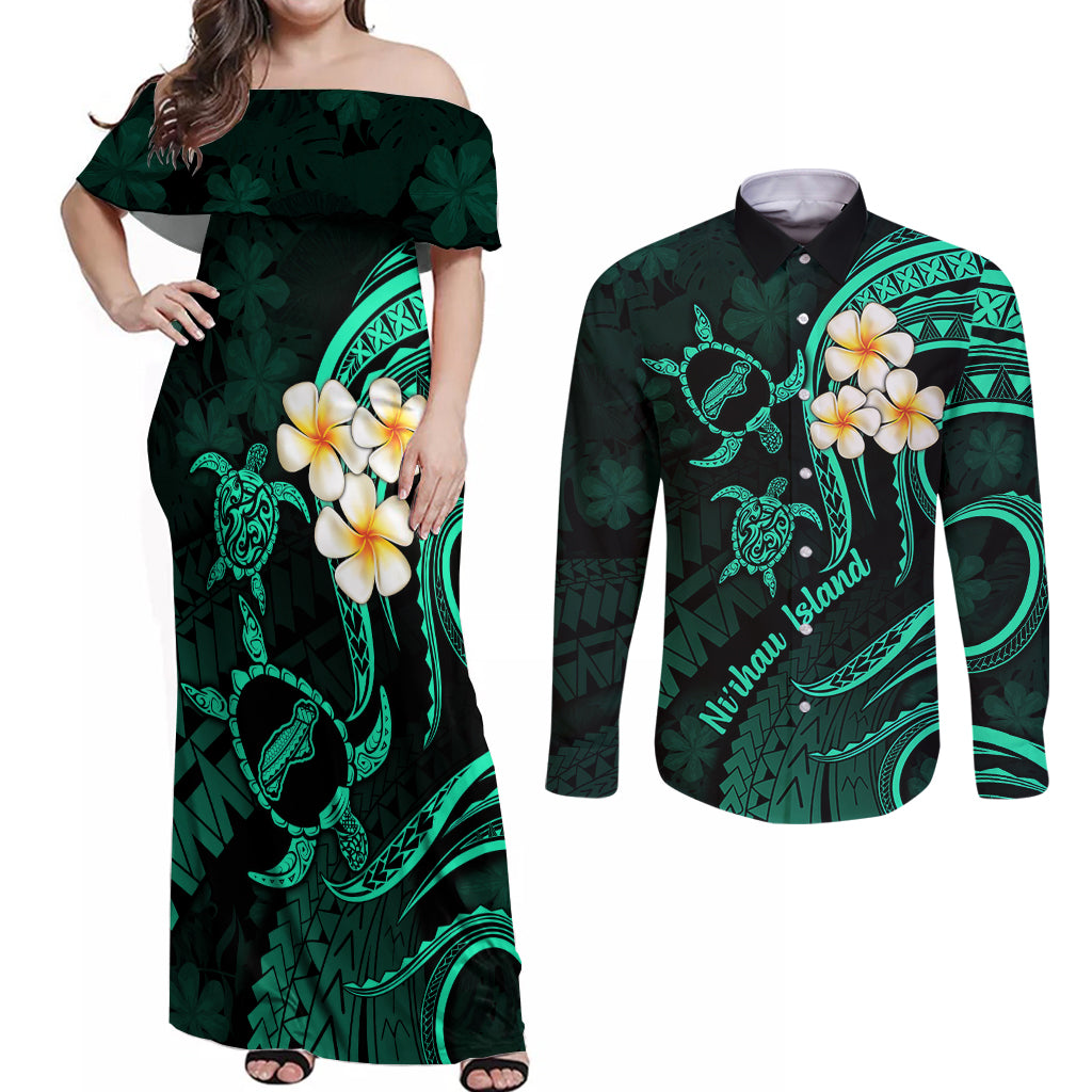 Polynesian Hawaii Couples Off Shoulder Maxi Dress and Long Sleeve Button Shirts Niihau Islands with Pacific Plumeria Turquoise Vibe LT9 Turquoise - Polynesian Pride