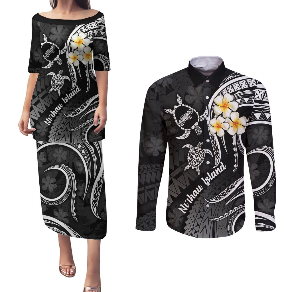 Polynesian Hawaii Couples Puletasi Dress and Long Sleeve Button Shirts Niihau Islands with Pacific Plumeria White Vibe LT9 White - Polynesian Pride