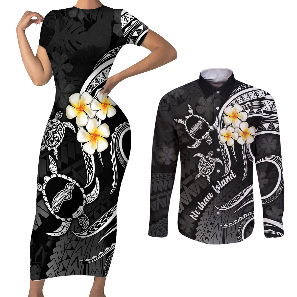 Polynesian Hawaii Couples Short Sleeve Bodycon Dress and Long Sleeve Button Shirts Niihau Islands with Pacific Plumeria White Vibe LT9 White - Polynesian Pride