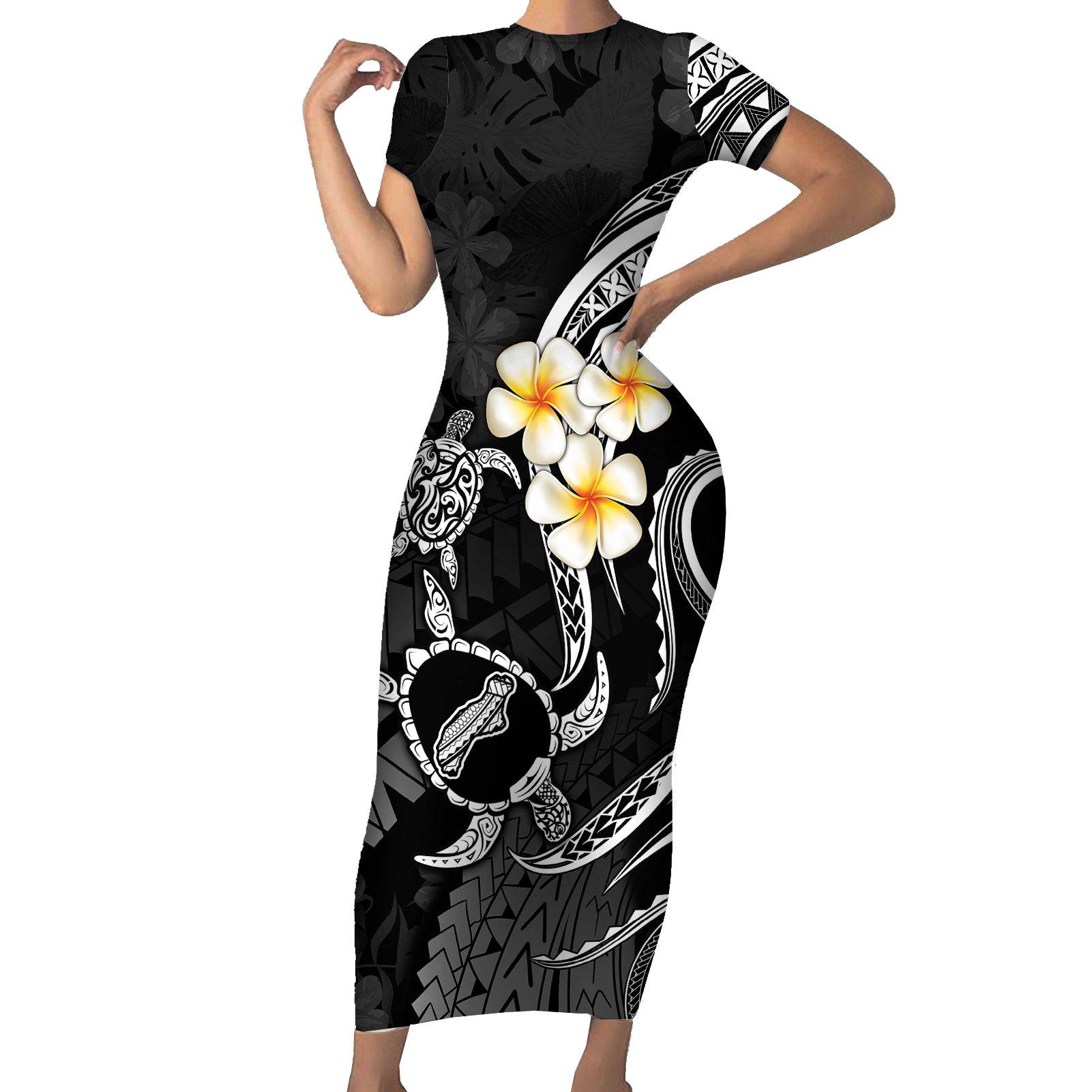 black and white hawaiian dress Hawaiian Muumuu Ruffle Dress, Long, 334-3589 [Hibiscus Monstera Leaf] –  Halehawaiian main image 1