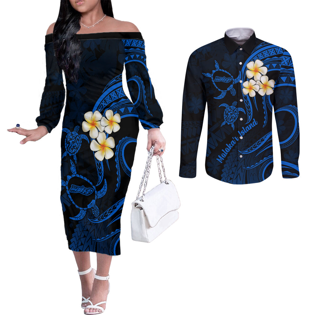 Hawaii Couples Off The Shoulder Long Sleeve Dress and Long Sleeve Button Shirts Molokai Islands Polynesian Sunset Plumeria Blue Vibe LT9 Blue - Polynesian Pride