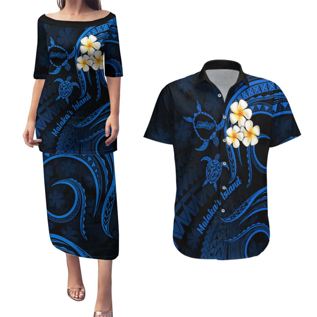 Hawaii Couples Puletasi Dress and Hawaiian Shirt Molokai Islands Polynesian Sunset Plumeria Blue Vibe LT9 Blue - Polynesian Pride