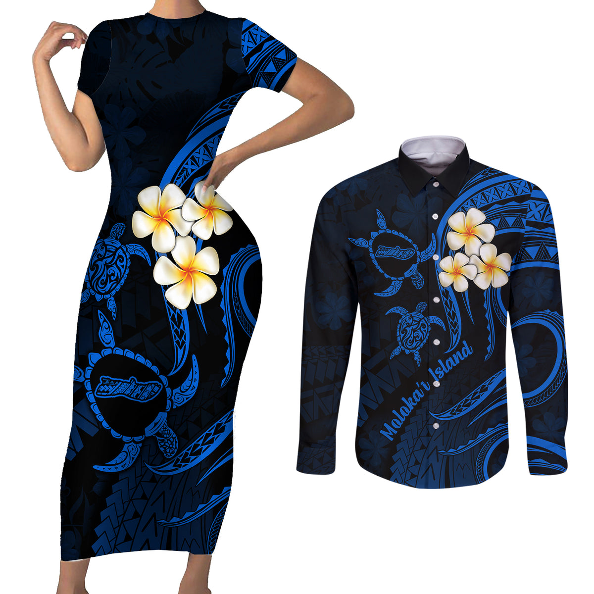 Hawaii Couples Short Sleeve Bodycon Dress and Long Sleeve Button Shirts Molokai Islands Polynesian Sunset Plumeria Blue Vibe LT9 Blue - Polynesian Pride