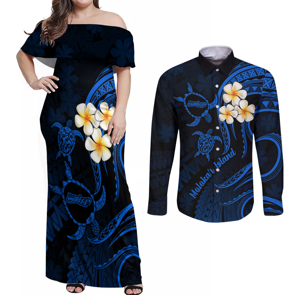 Hawaii Couples Off Shoulder Maxi Dress and Long Sleeve Button Shirts Molokai Islands Polynesian Sunset Plumeria Blue Vibe LT9 Blue - Polynesian Pride