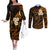 Hawaii Couples Off The Shoulder Long Sleeve Dress and Long Sleeve Button Shirts Molokai Islands Polynesian Sunset Plumeria Gold Vibe LT9 Gold - Polynesian Pride