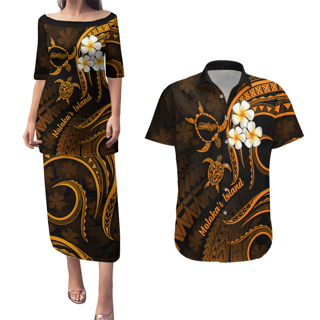 Hawaii Couples Puletasi Dress and Hawaiian Shirt Molokai Islands Polynesian Sunset Plumeria Gold Vibe LT9 Gold - Polynesian Pride
