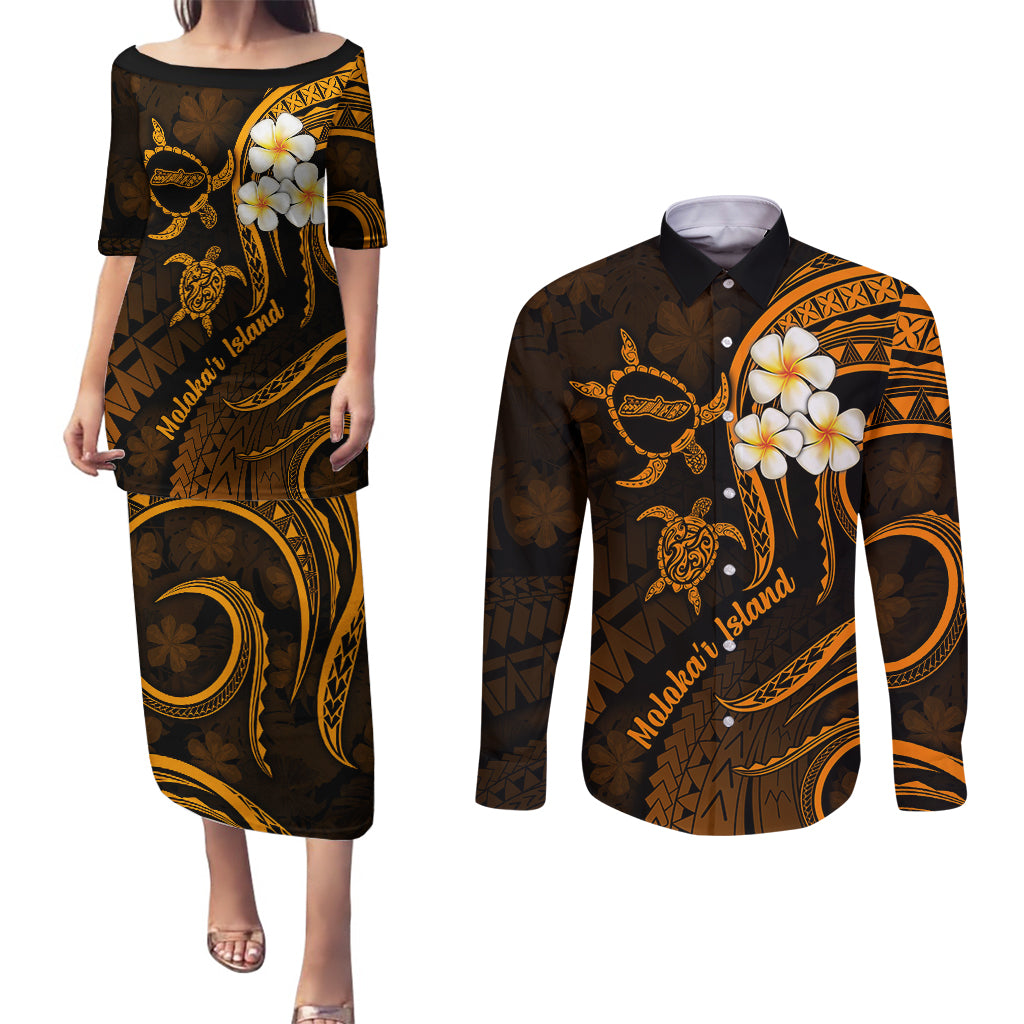 Hawaii Couples Puletasi Dress and Long Sleeve Button Shirts Molokai Islands Polynesian Sunset Plumeria Gold Vibe LT9 Gold - Polynesian Pride
