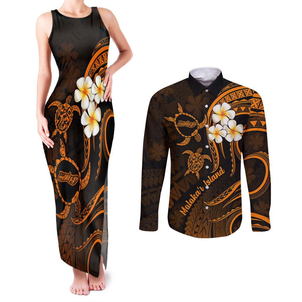 Hawaii Couples Matching Tank Maxi Dress and Long Sleeve Button Shirts Molokai Islands Polynesian Sunset Plumeria Gold Vibe LT9 Gold - Polynesian Pride