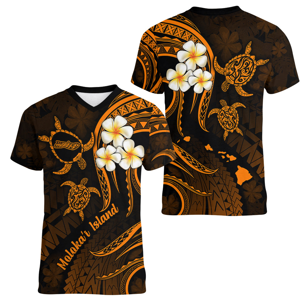 Hawaii Women V Neck T Shirt Molokai Islands Polynesian Sunset Plumeria Gold Vibe LT9 - Polynesian Pride