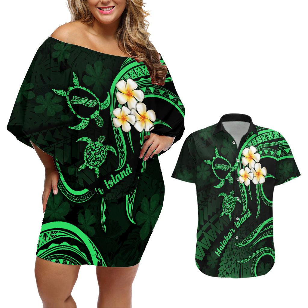 Hawaii Couples Off Shoulder Short Dress and Hawaiian Shirt Molokai Islands Polynesian Sunset Plumeria Green Vibe LT9 Green - Polynesian Pride