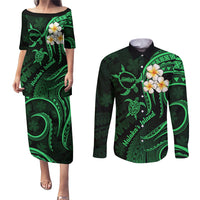Hawaii Couples Puletasi Dress and Long Sleeve Button Shirts Molokai Islands Polynesian Sunset Plumeria Green Vibe LT9 Green - Polynesian Pride
