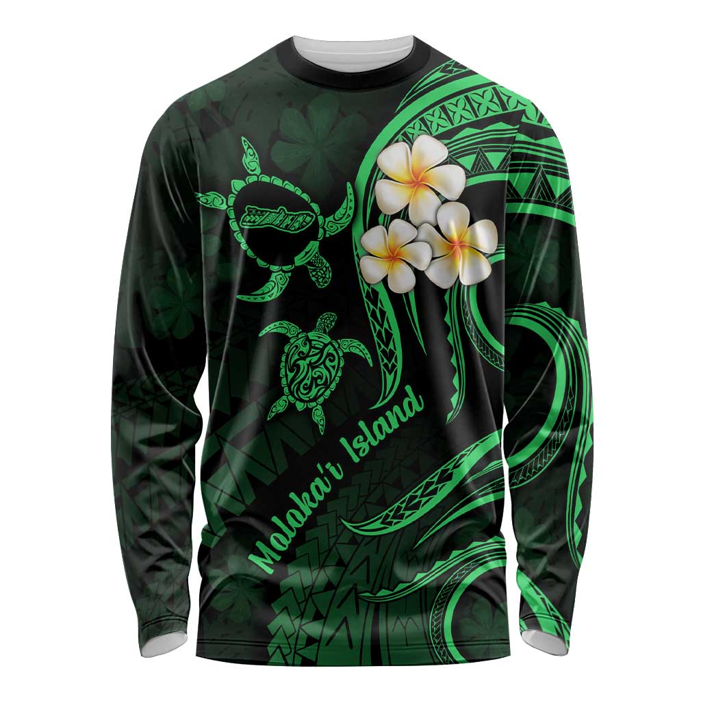 Hawaii Long Sleeve Shirt Molokai Islands Polynesian Sunset Plumeria Green Vibe LT9 Unisex Green - Polynesian Pride
