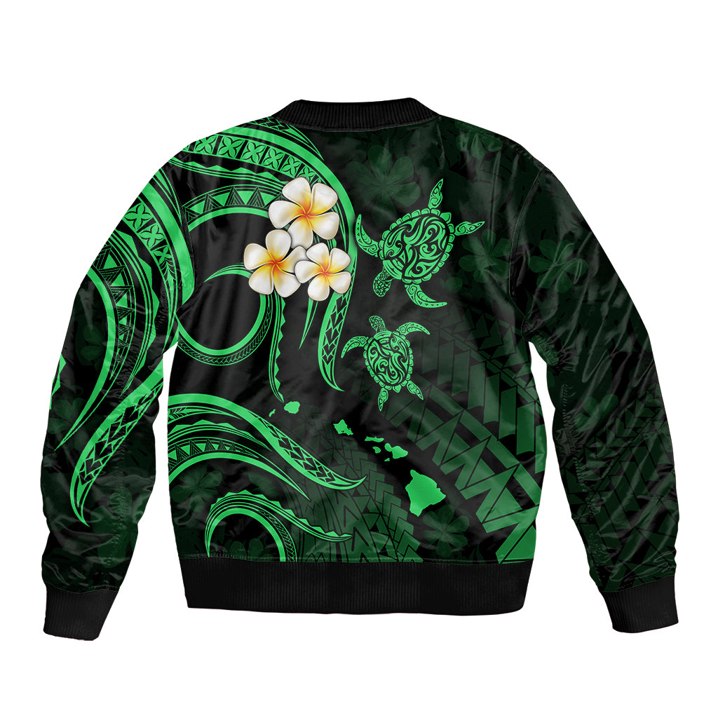 Hawaii Sleeve Zip Bomber Jacket Molokai Islands Polynesian Sunset Plumeria Green Vibe LT9 - Polynesian Pride