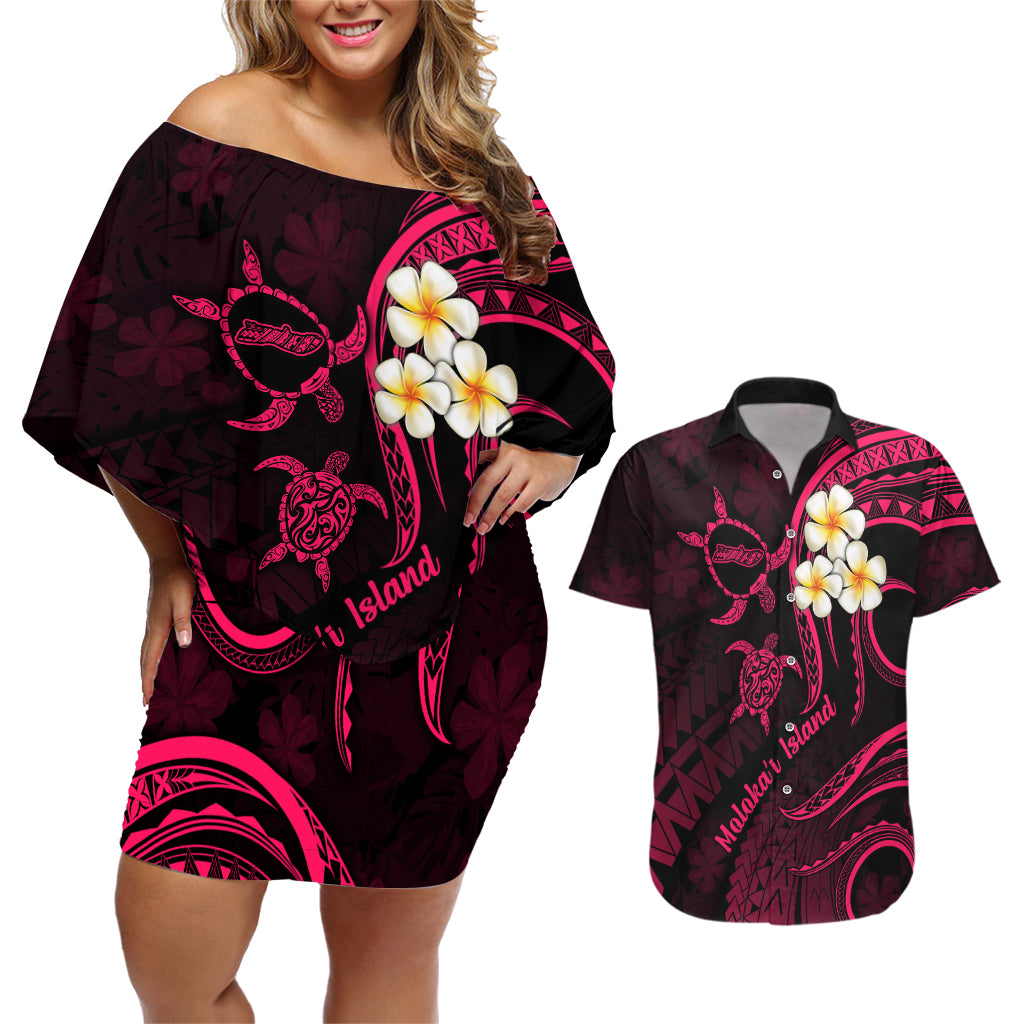 Hawaii Couples Off Shoulder Short Dress and Hawaiian Shirt Molokai Islands Polynesian Sunset Plumeria Pink Vibe LT9 Pink - Polynesian Pride
