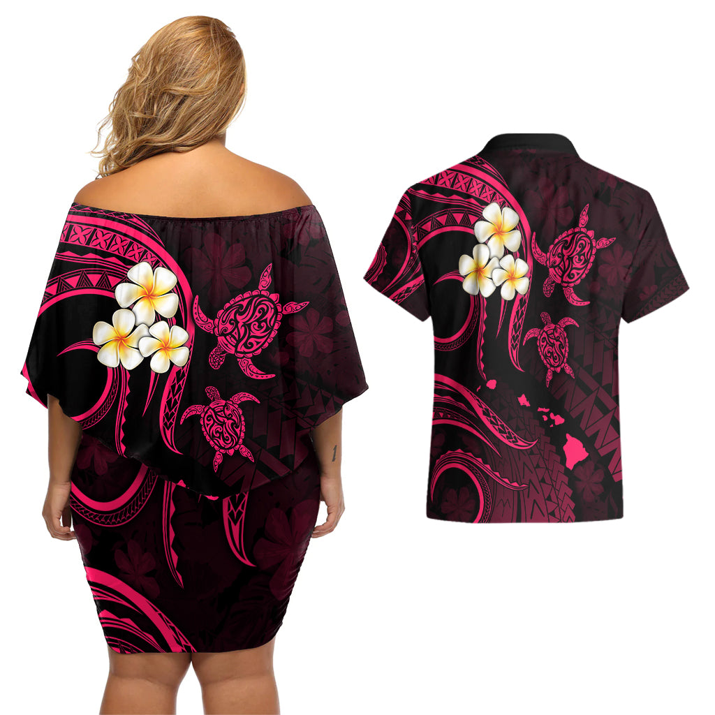 Hawaii Couples Off Shoulder Short Dress and Hawaiian Shirt Molokai Islands Polynesian Sunset Plumeria Pink Vibe LT9 - Polynesian Pride