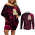 Hawaii Couples Off Shoulder Short Dress and Long Sleeve Button Shirts Molokai Islands Polynesian Sunset Plumeria Pink Vibe LT9 Pink - Polynesian Pride