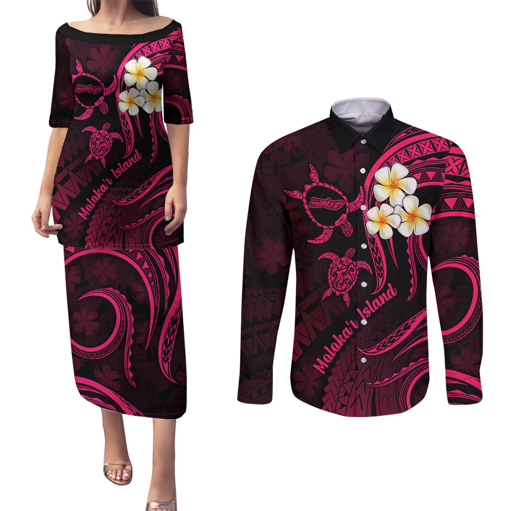 Hawaii Couples Puletasi Dress and Long Sleeve Button Shirts Molokai Islands Polynesian Sunset Plumeria Pink Vibe LT9 Pink - Polynesian Pride