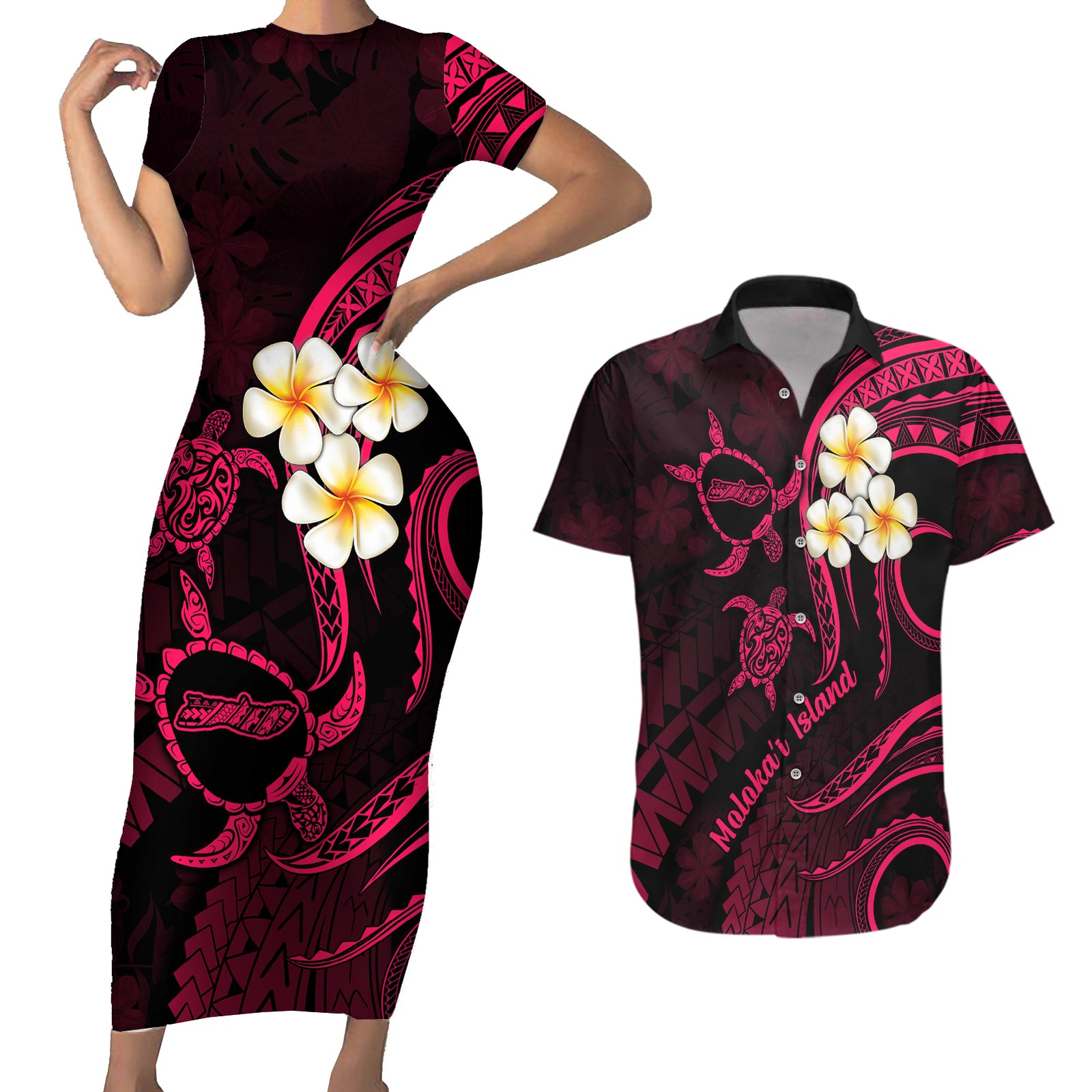 Hawaii Couples Short Sleeve Bodycon Dress and Hawaiian Shirt Molokai Islands Polynesian Sunset Plumeria Pink Vibe LT9 Pink - Polynesian Pride