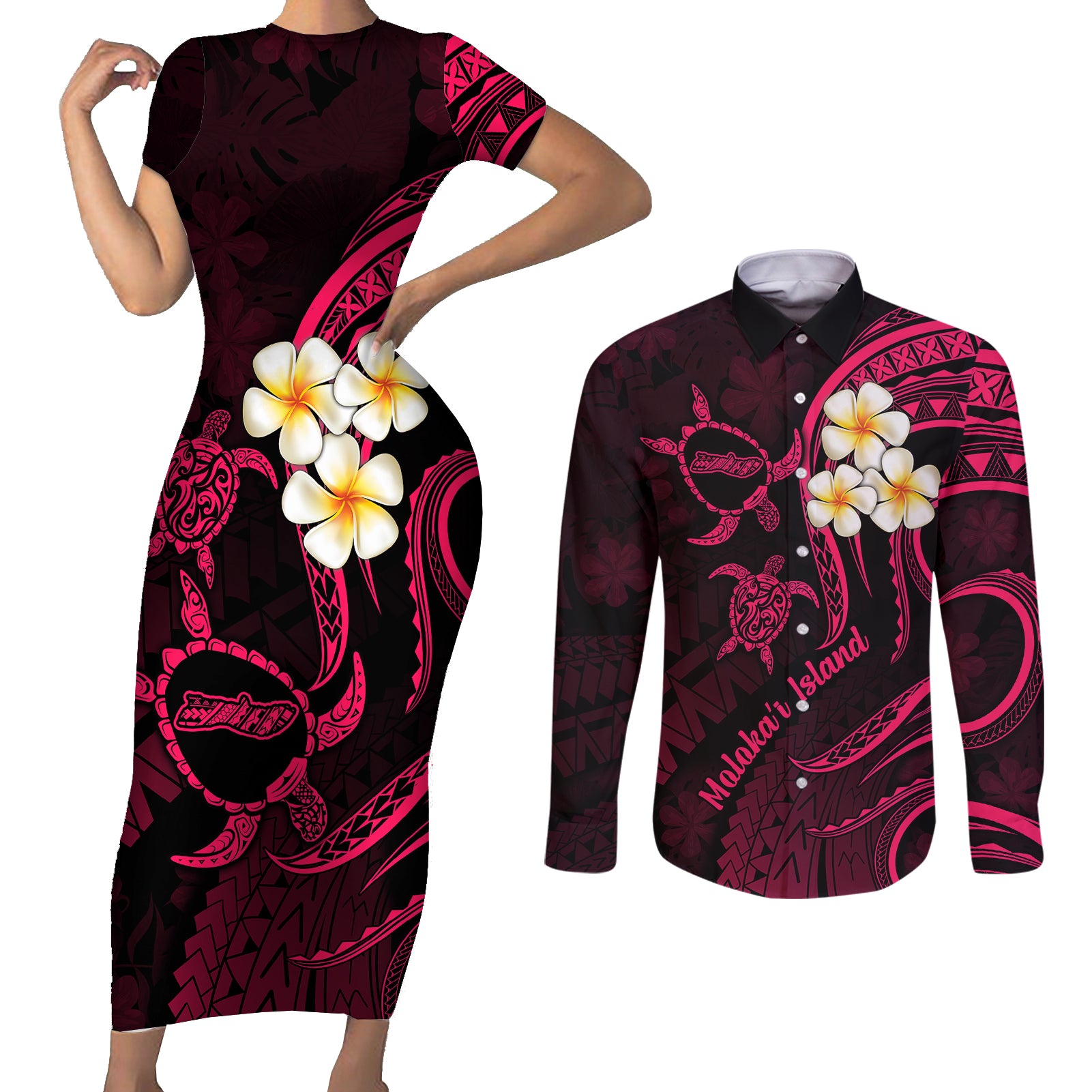 Hawaii Couples Short Sleeve Bodycon Dress and Long Sleeve Button Shirts Molokai Islands Polynesian Sunset Plumeria Pink Vibe LT9 Pink - Polynesian Pride