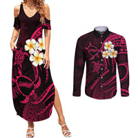 Hawaii Couples Summer Maxi Dress and Long Sleeve Button Shirts Molokai Islands Polynesian Sunset Plumeria Pink Vibe LT9 Pink - Polynesian Pride
