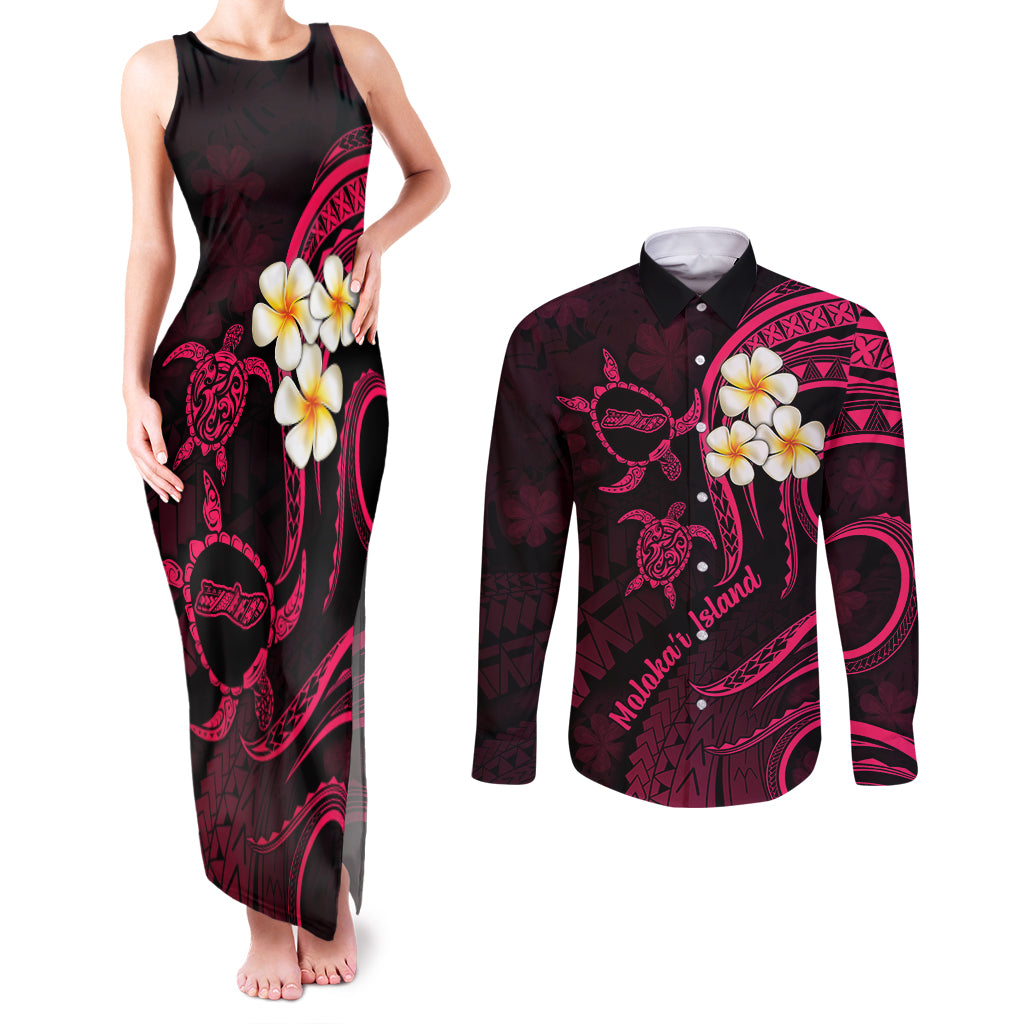 Hawaii Couples Matching Tank Maxi Dress and Long Sleeve Button Shirts Molokai Islands Polynesian Sunset Plumeria Pink Vibe LT9 Pink - Polynesian Pride