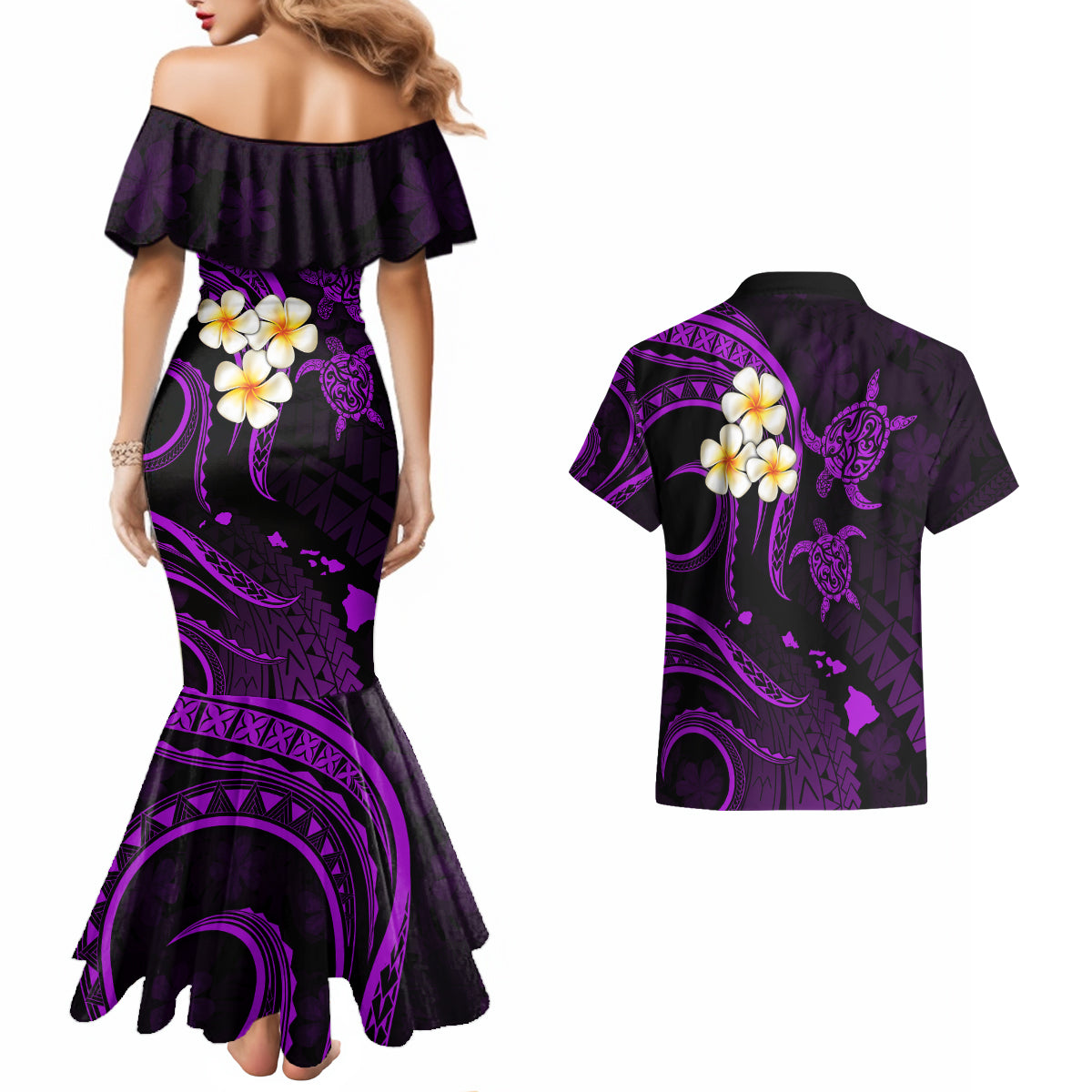 Polynesian Hawaii Couples Mermaid Dress And Hawaiian Shirt Molokai Islands with Pacific Plumeria Purple Vibe LT9 - Polynesian Pride